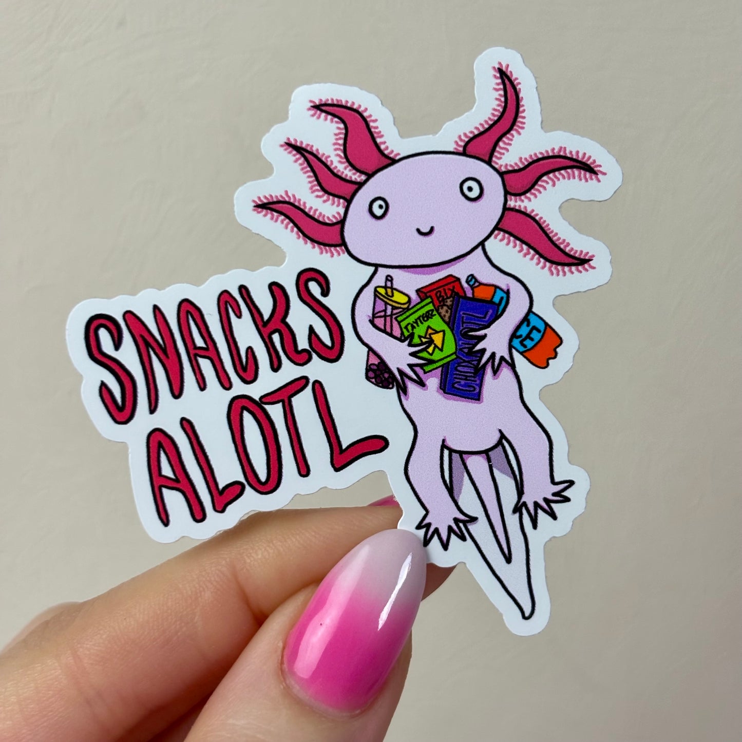 Snacksalotl Axolotl Pun Vinyl Sticker