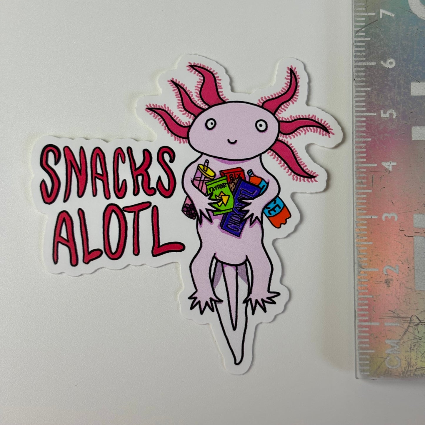 Snacksalotl Axolotl Pun Vinyl Sticker