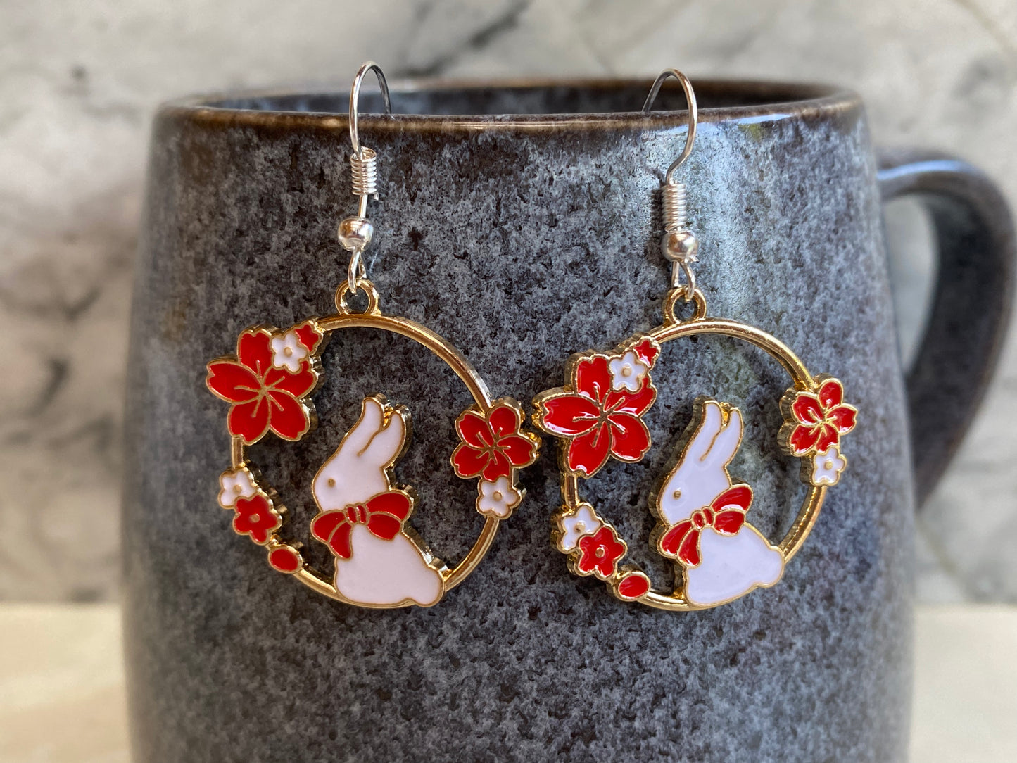 Floral Bunny Rabbit Drop Earrings