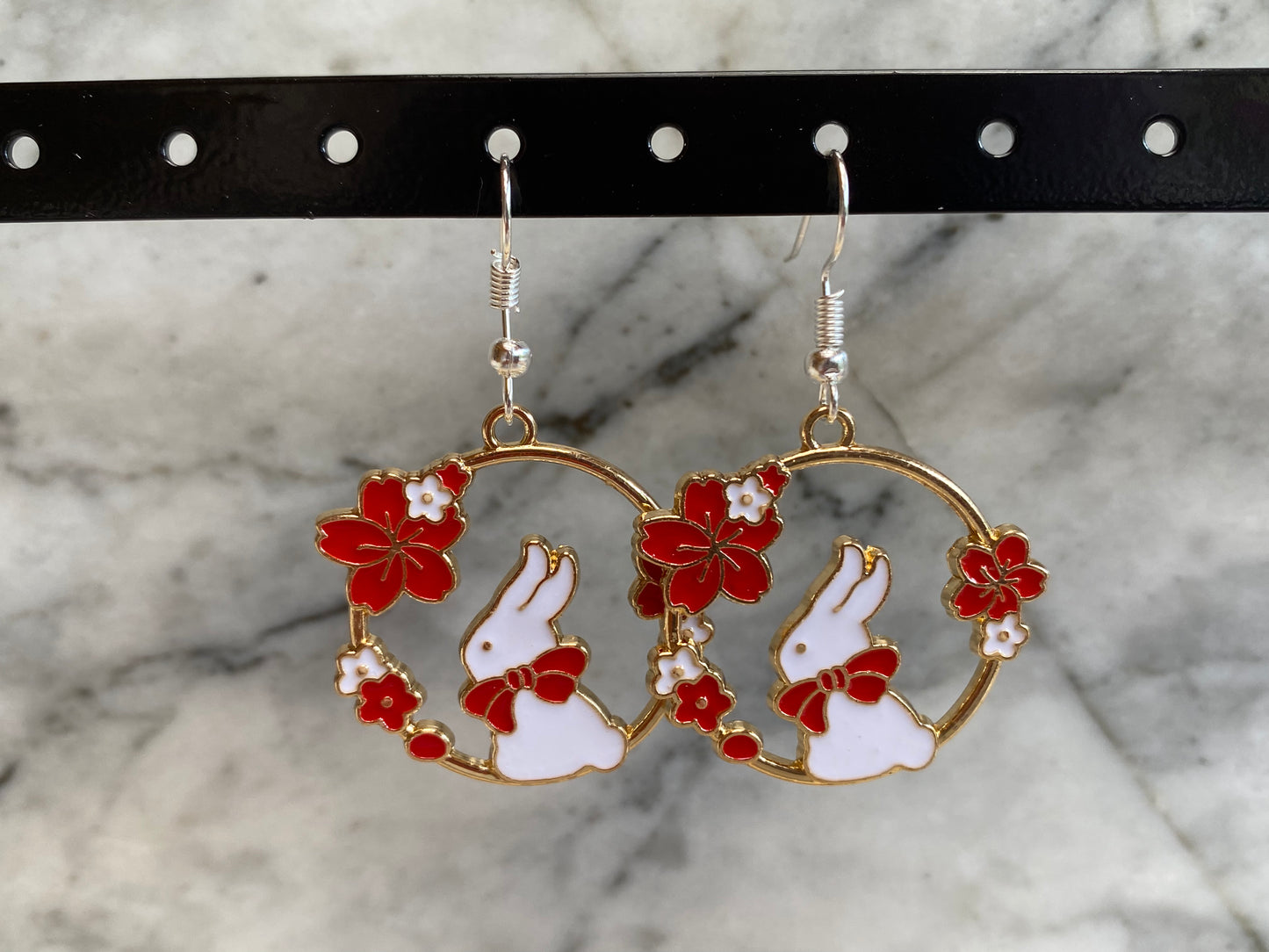 Floral Bunny Rabbit Drop Earrings