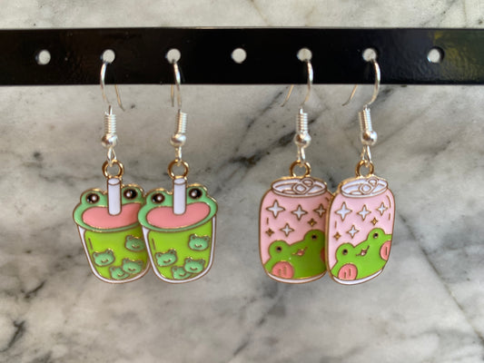 Frog Bubble Tea and Frog Soda Drop Earrings