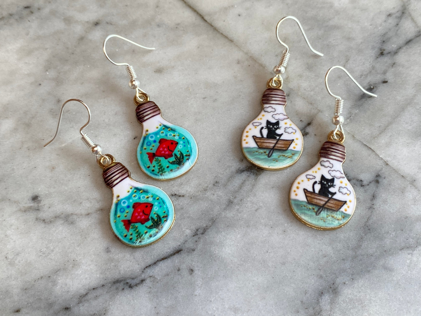 Animal Lightbulb Drop Earrings - Cat and Goldfish