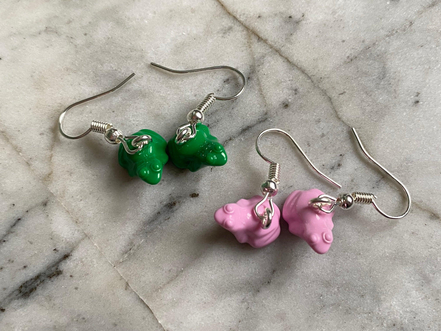 Brick Frog Drop Earrings | Pink and Green | Silver Plated | Quirky Gifts | UK | Unusual | Unique | Handmade | Made from Genuine Bricks