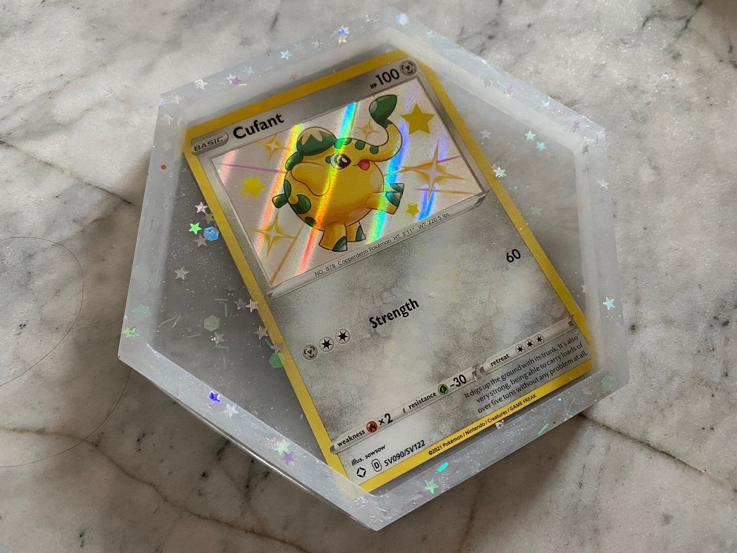 Pokemon Drinks Coaster | Shiny Cufant | Handmade Resin Pokémon Gift | Made with Genuine Cards | Unique Item | Nerdy | Pokemon Fan | Rainbow